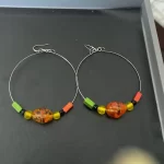 Handcrafted 3-Inch Silver Hoop Earrings Red, Black and Green Glass Beads
