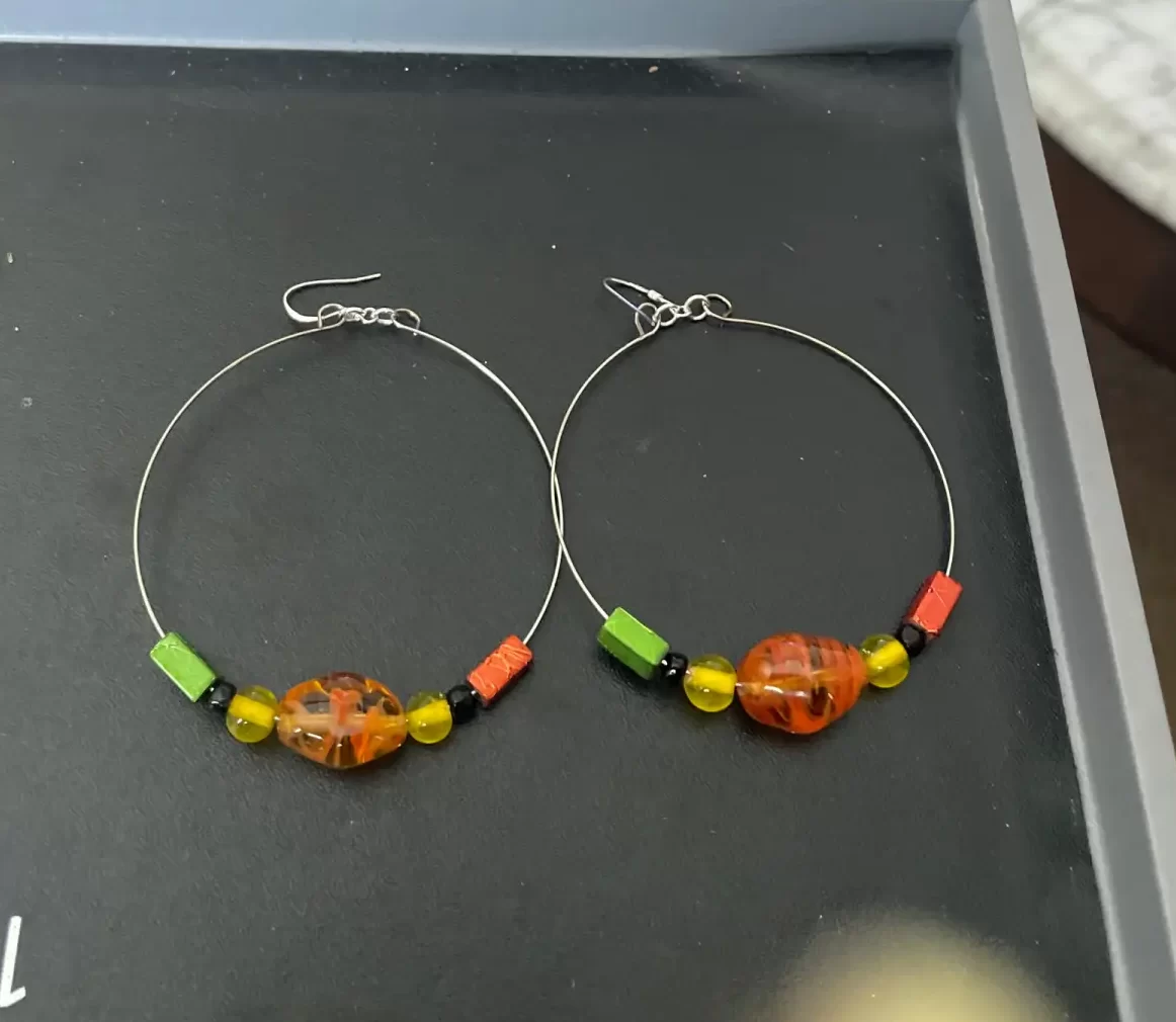Handcrafted 3-Inch Silver Hoop Earrings Red, Black and Green Glass Beads