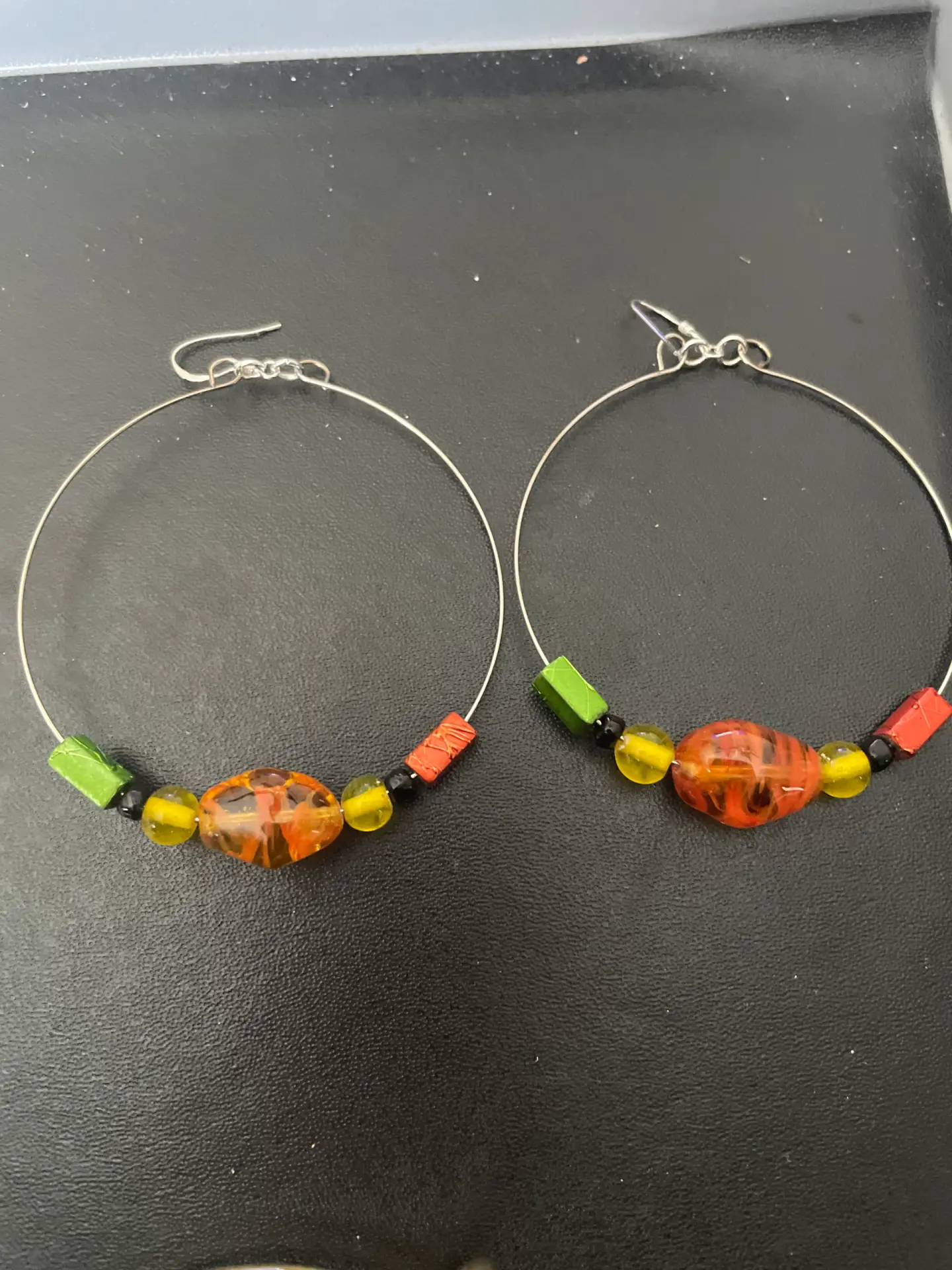 Handcrafted 3-Inch Silver Hoop Earrings Red, Black and Green Glass Beads - Image 2