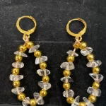 Drop hoop, earrings, handcrafted, clear, crystal and gold bead