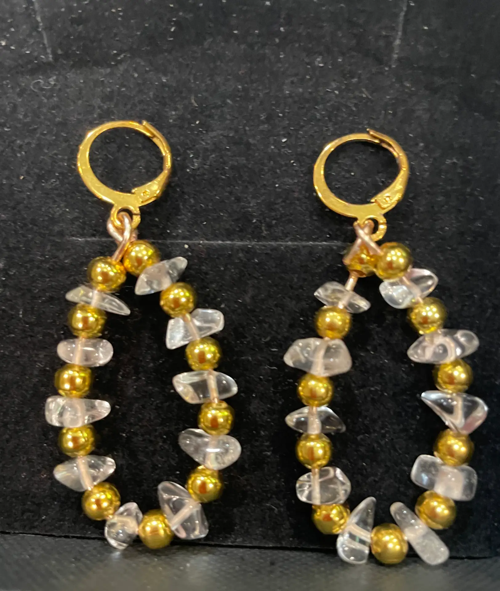 Drop hoop, earrings, handcrafted, clear, crystal and gold bead