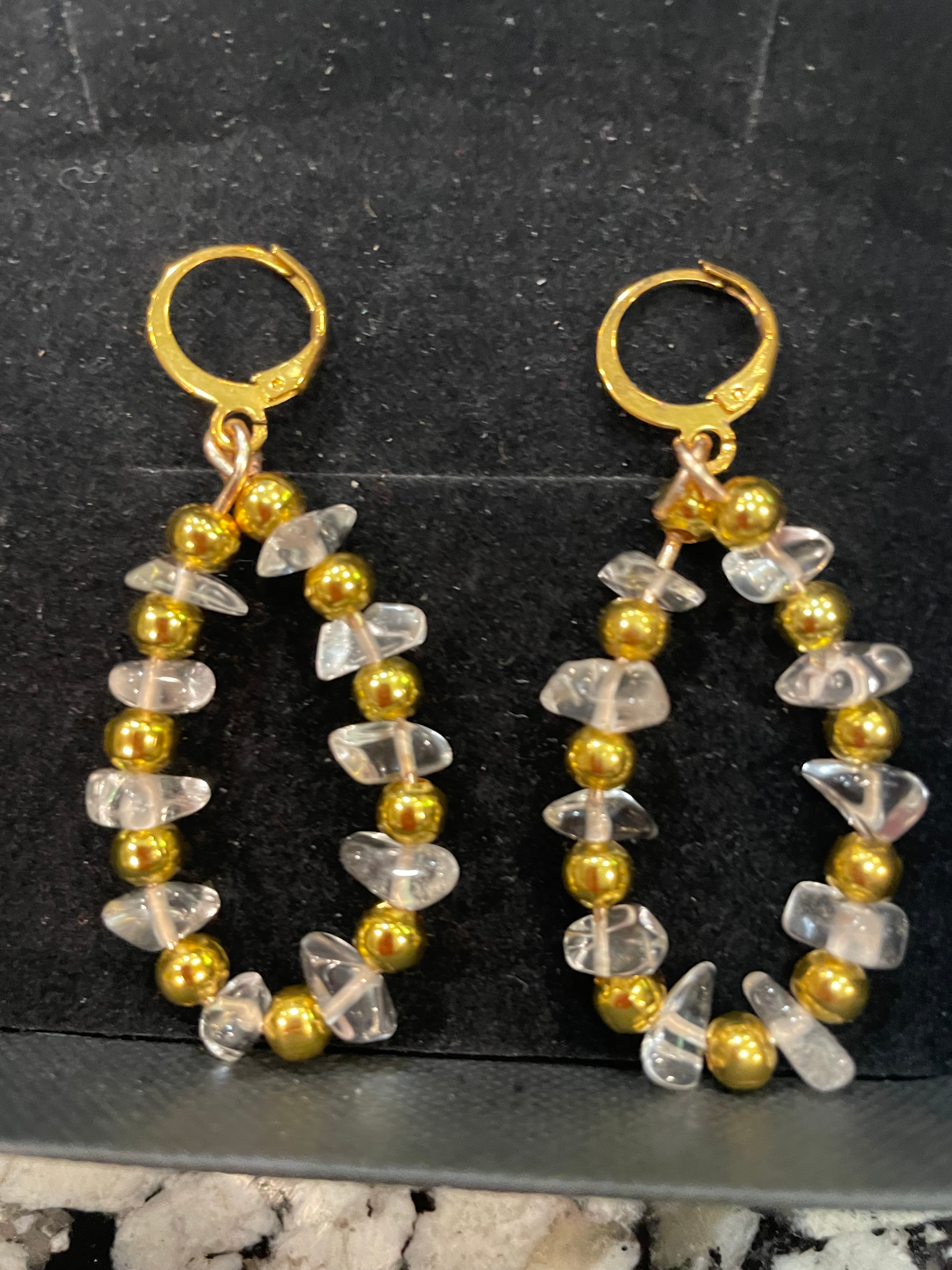 Drop hoop, earrings, handcrafted, clear, crystal and gold bead - Image 2