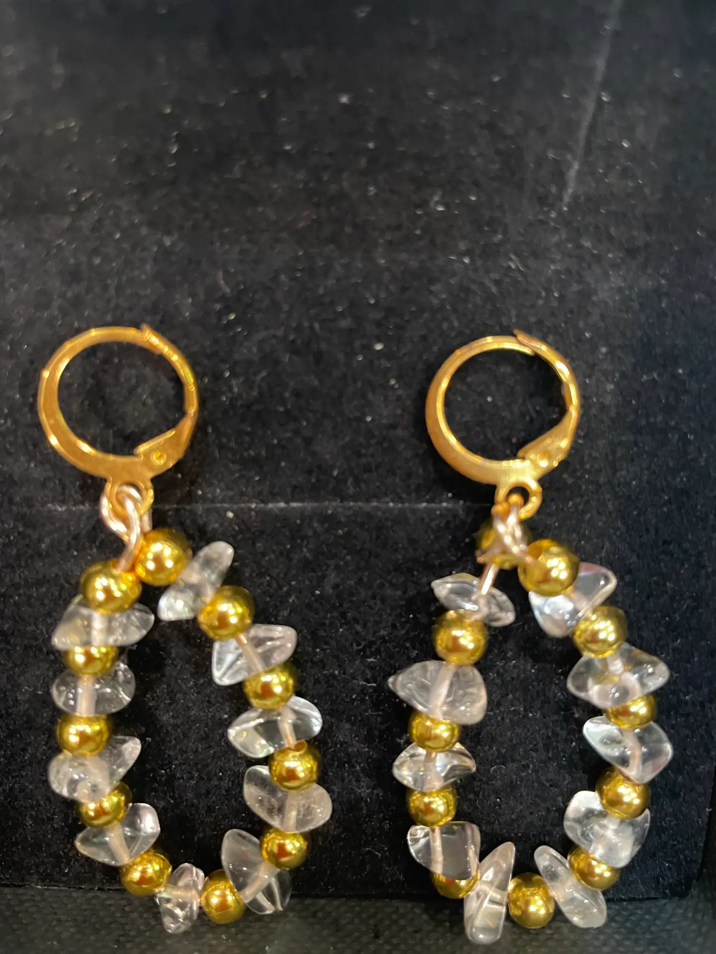 Drop hoop, earrings, handcrafted, clear, crystal and gold bead - Image 3